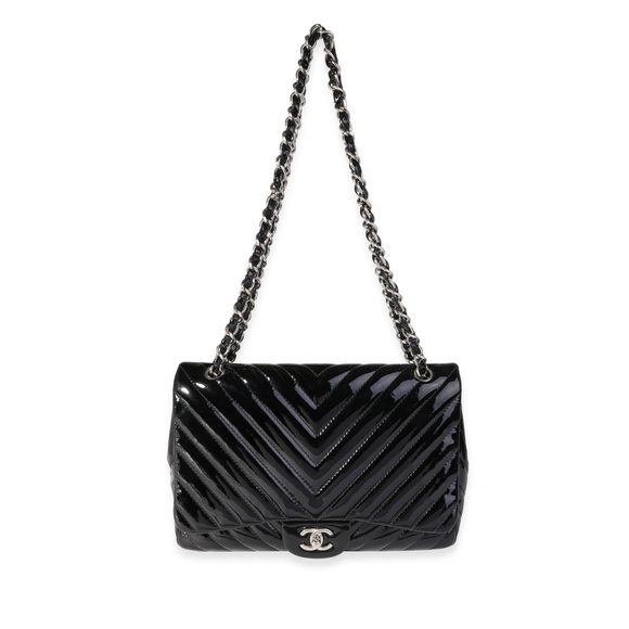 Chanel Black Chevron Quilted Patent Leather Jumbo Classic Single Flap Bag - Picture 4 of 8